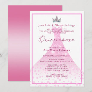 Convite Ball Gown e Tiara Quinceañera Aniversário Rosa