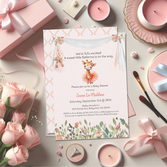 Convite Ballerina Baby Girl Chá Tutu Elegante Girafa (Criador carregado)