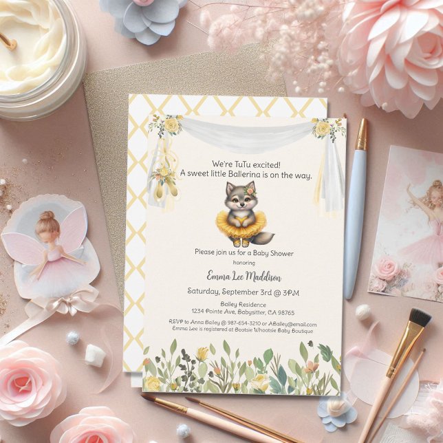 Convite Ballerina Baby Girl Chá Tutu Lobo Animado (Criador carregado)
