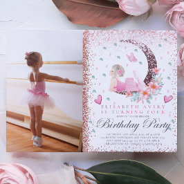 Convite Ballerina Birthday Moon Pastel Rosa Foto Cintilant
