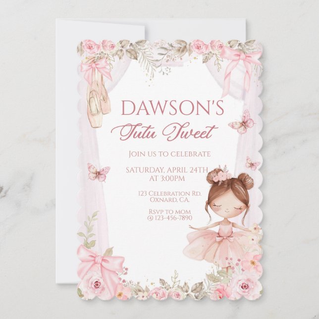 Convite Ballerina Birthday, Tutu, Pink Tutu, Girl Birthday (Frente)