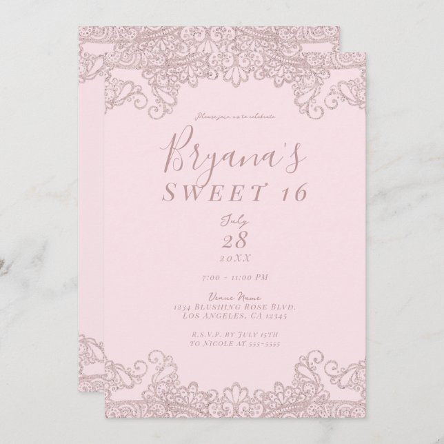 Convite Ballerina Blush Pink Glitter Lace Sweet 16 Party (Frente/Verso)