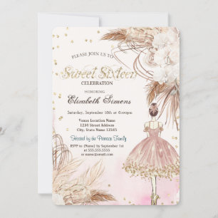 Convite Ballerina Boho Flowers Rosa Dourado Sweet 16