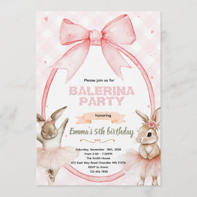 Convite Ballerina Bunny Birthday Invitation (Frente)