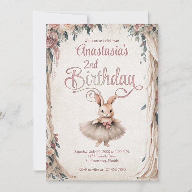 Convite Ballerina Bunny Girl Birthday (Frente)