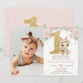 Convite Ballerina Bunny Rabbit Blush 1st Birthday Photo