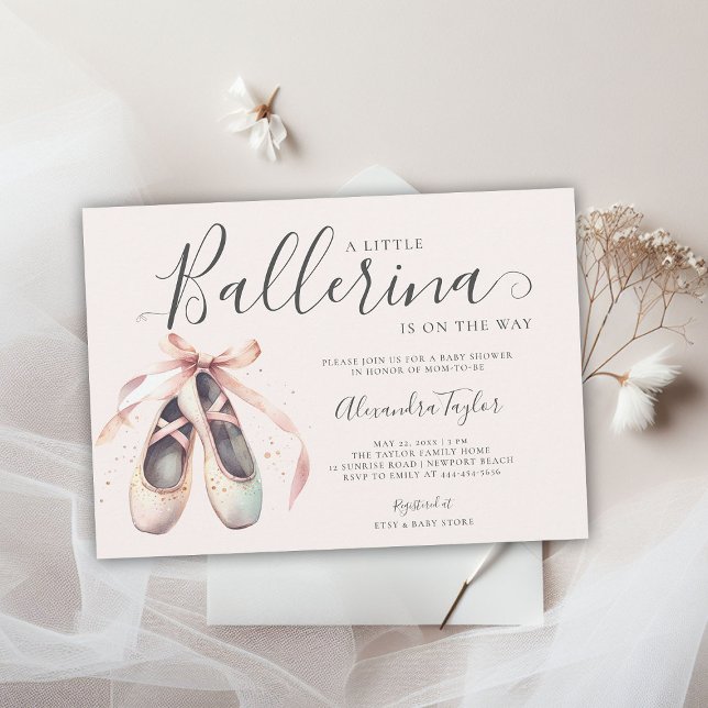Convite Ballerina Calçados Fitas, cor-de-rosa, Dourada, Ch (little ballerina baby girl shower invitation pink blush gold bow ballet shoes watercolor cute girly)
