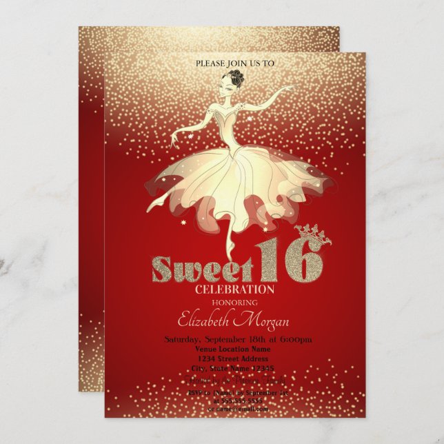 Convite Ballerina, Dourada Confetti Glitter Red Sweet 16 (Frente/Verso)
