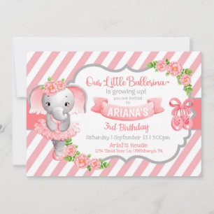 Convite Ballerina Elephant Pink Aniversário