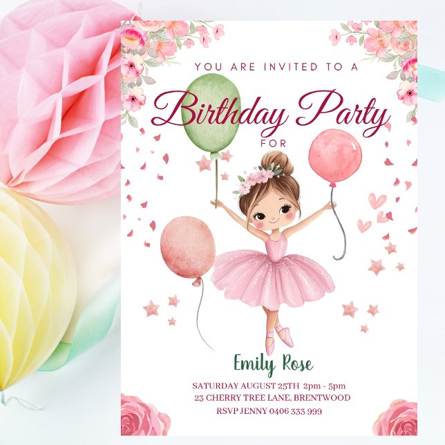 Convite Ballerina Floral Cor-de-Rosa Personalizada (Personalized Ballerina Birthday Invitation for Girls - Pink Ballet Party Invite with Balloons & Name)