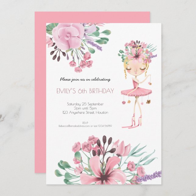 Convite Ballerina Florals Foliage Girls 6 Festa de anivers (Frente/Verso)