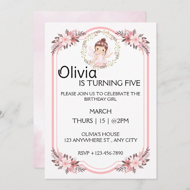Convite Ballerina Girl Rosa Floral Festa de aniversário (Frente/Verso)