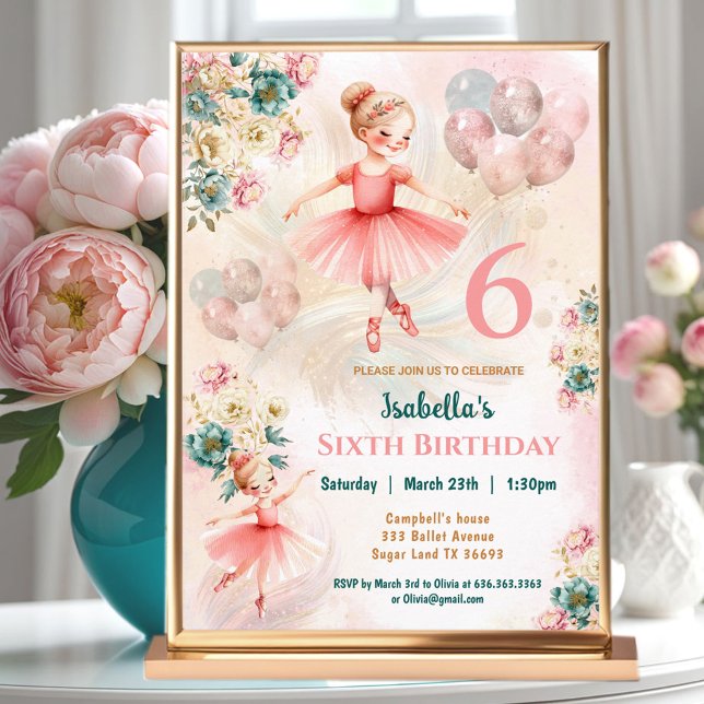 Convite Ballerina, Loira de Teal Rosa, Aniversário (Pink Teal Floral Blond Ballerina Girl Birthday Invitation)