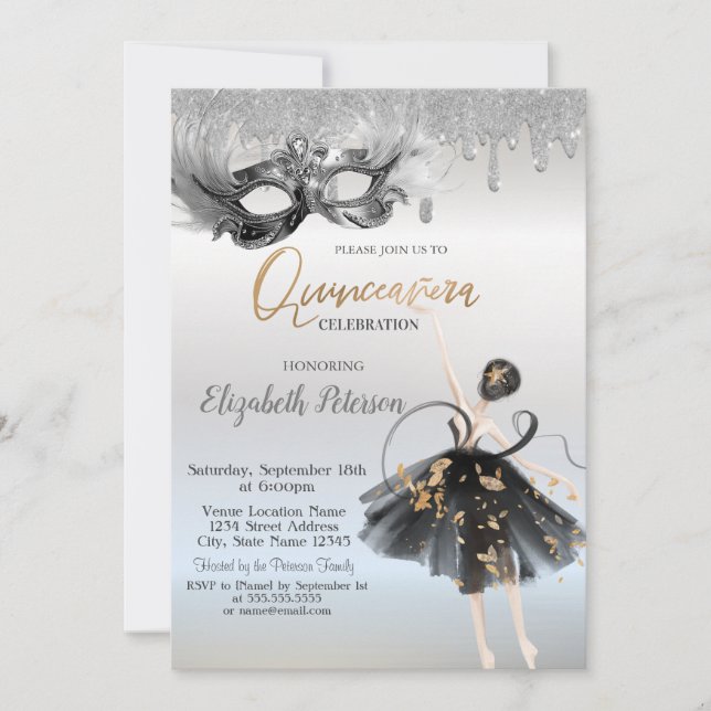 Convite  Ballerina Masque Glitter Drips Silver Quinceanera (Frente)