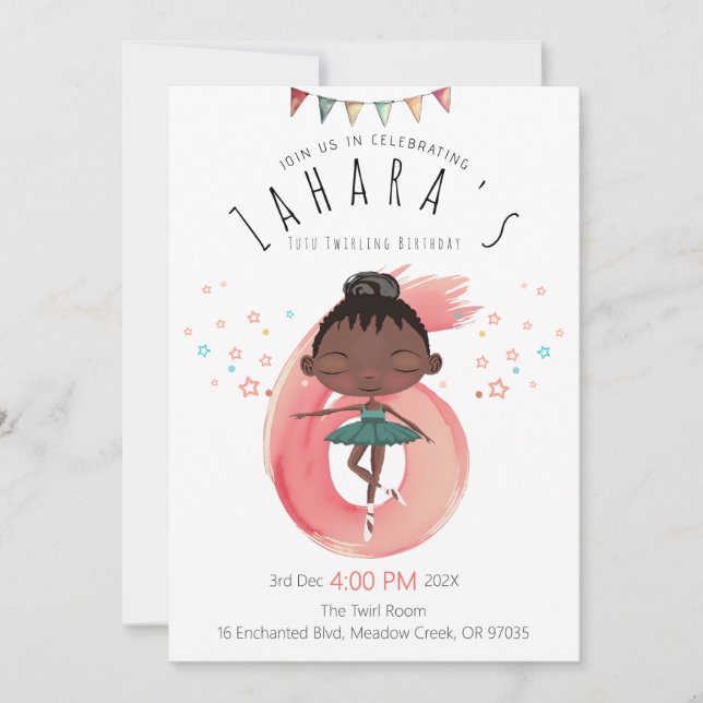 Convite Ballerina Negra de 6 Anos de Idade (Frente)