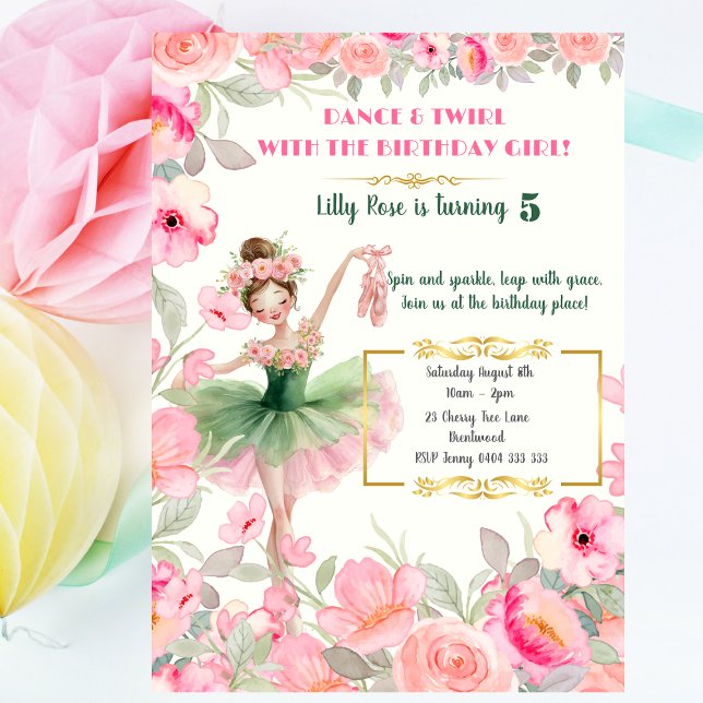 Convite Ballerina no Aniversário Floral de Tutu Rosa e Ver (Personalized Ballerina Birthday Invitation – Pink and Green Watercolo Ballet Party Invite )