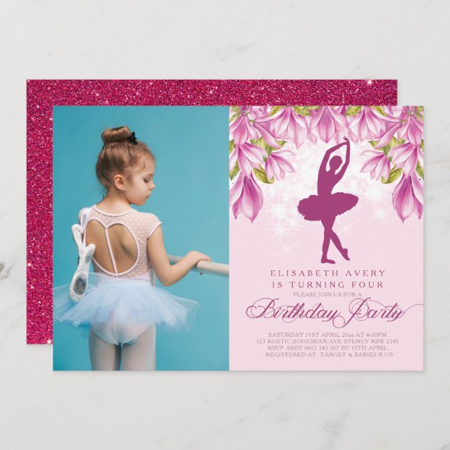 Convite Ballerina Photo Pink Birthday (Frente/Verso)