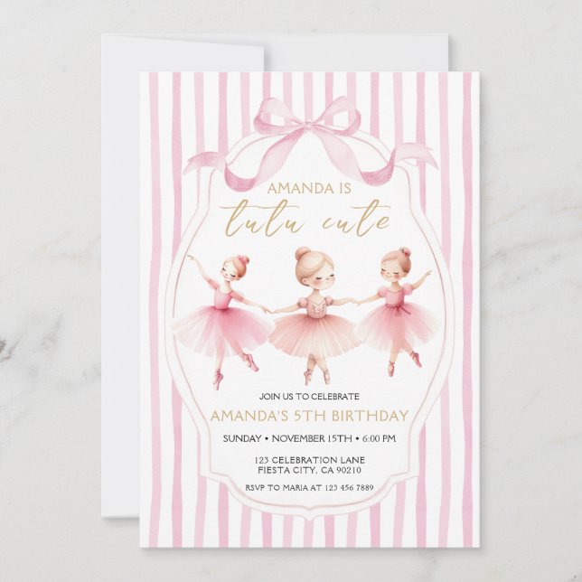 Convite  Ballerina Pink Bow Tutu Cute Birthday Invitation (Frente)