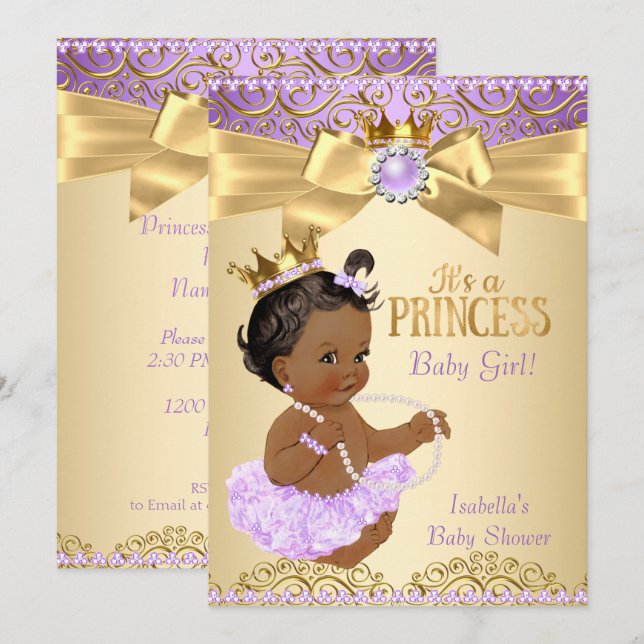 Convite Ballerina Princesa Bebê Chuvada Lilás Ouro Étnico (Frente/Verso)