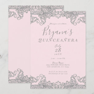 Convite Ballerina Rosa Brilho Prata Renda Quinceañera