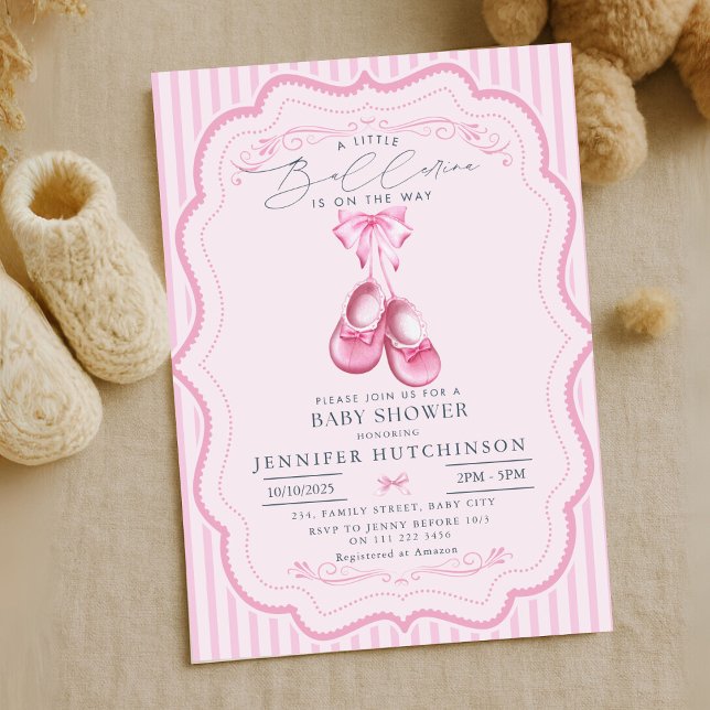 Convite Ballerina rosa no Way Girl Chá de fraldas (Pink Ballerina On The Way Girl Baby Shower Invitation)