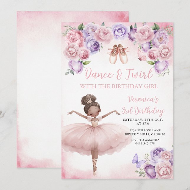 Convite Ballerina Roxa Aniversário de 3 anos (Frente/Verso)