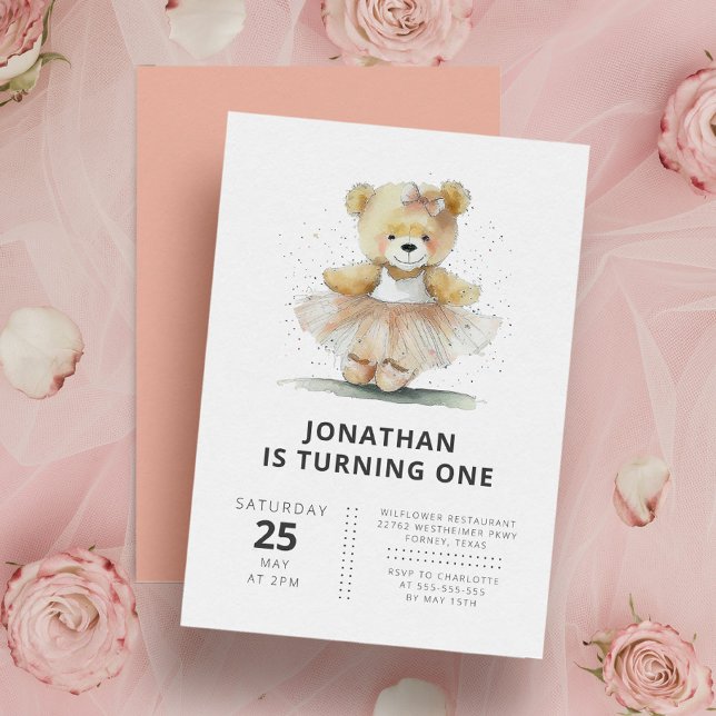 Convite Ballerina Teddy Bear Aniversário de criança Simple (Criador carregado)