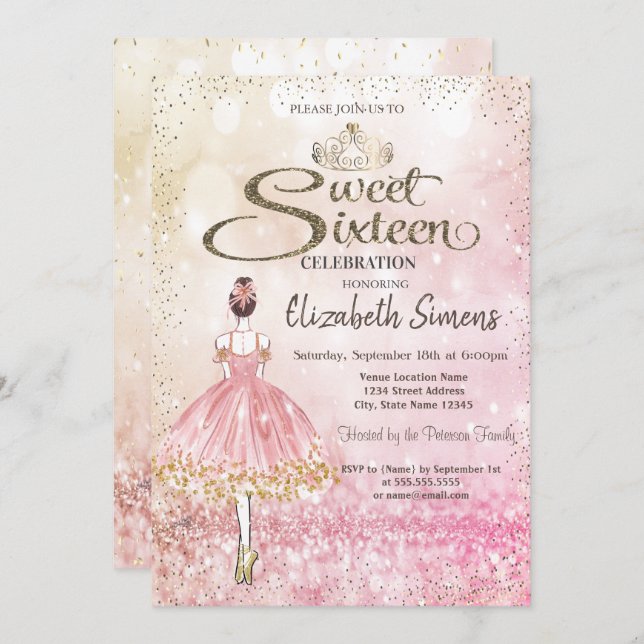 Convite Ballerina, Tiara Princess Bokeh Sweet 16 (Frente/Verso)