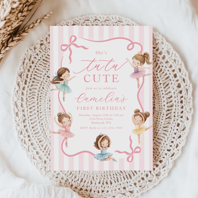 Convite Ballet Pink Girls Bow Tutu Ballerina 1st Birthday (Criador carregado)
