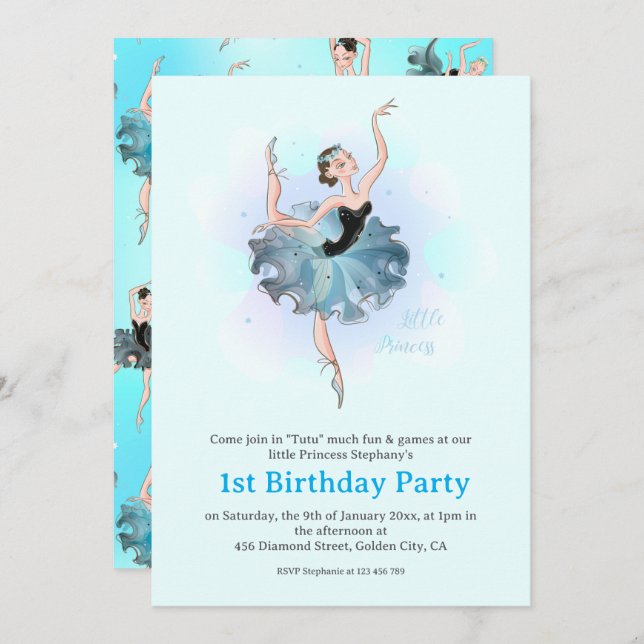 Convite Ballet Princess 1st Birthday Pastel Illustration (Frente/Verso)