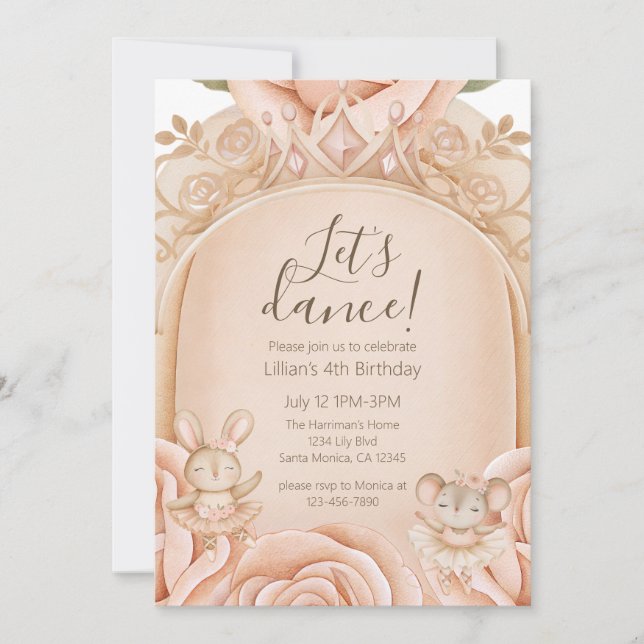 Convite Ballet Princess Girls Fourth Birthday  (Frente)