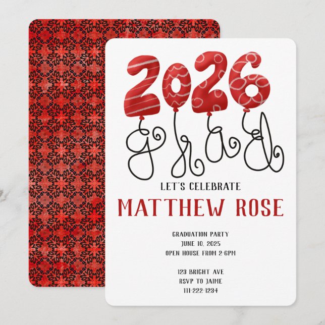 Convite Balloon 2026 Grad Invitation (Frente/Verso)