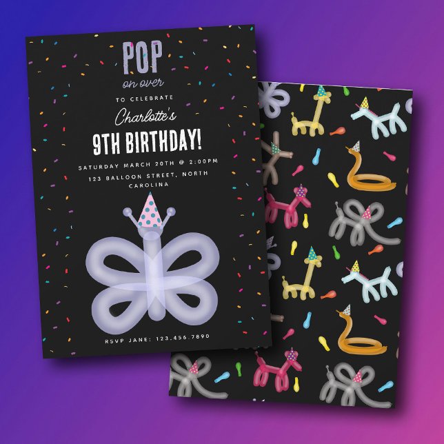 Convite Balloon Animals Butterfly Kids Birthday Party (Balloon Animals Butterfly Kids Birthday Party Invitation)