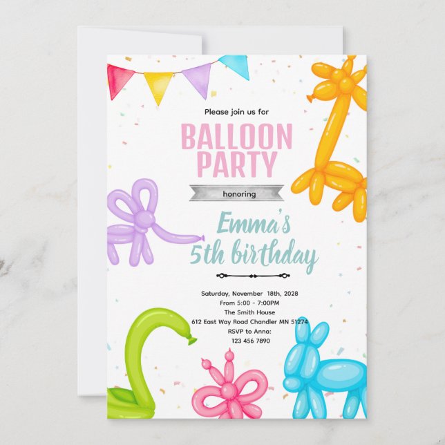 Convite Balloon Animals party invitation (Frente)