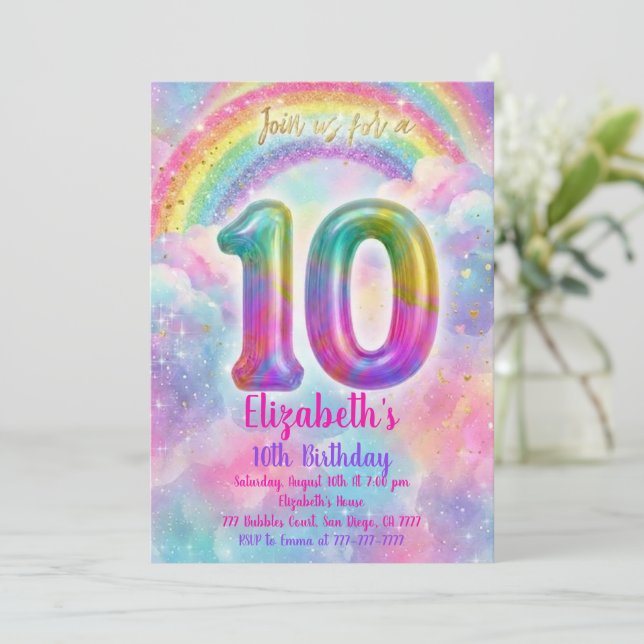 Convite Balloons Birthday 10th Birthday  (Em pé/Frente)