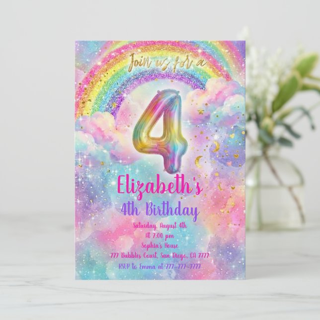 Convite Balloons Birthday 4th Birthday  (Em pé/Frente)