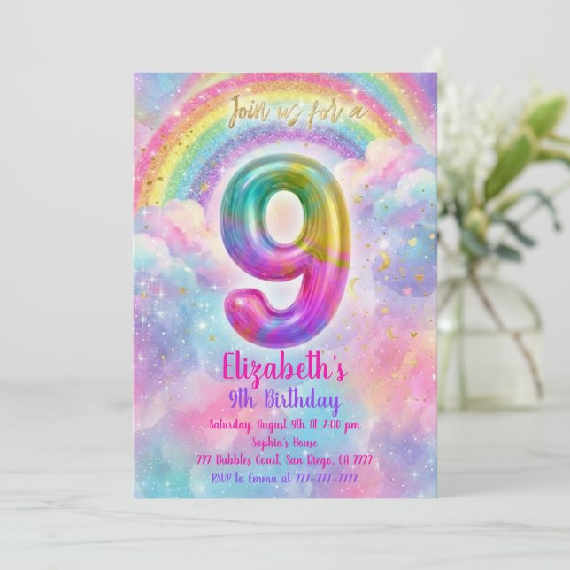 Convite Balloons Birthday 9th Birthday  (Em pé/Frente)