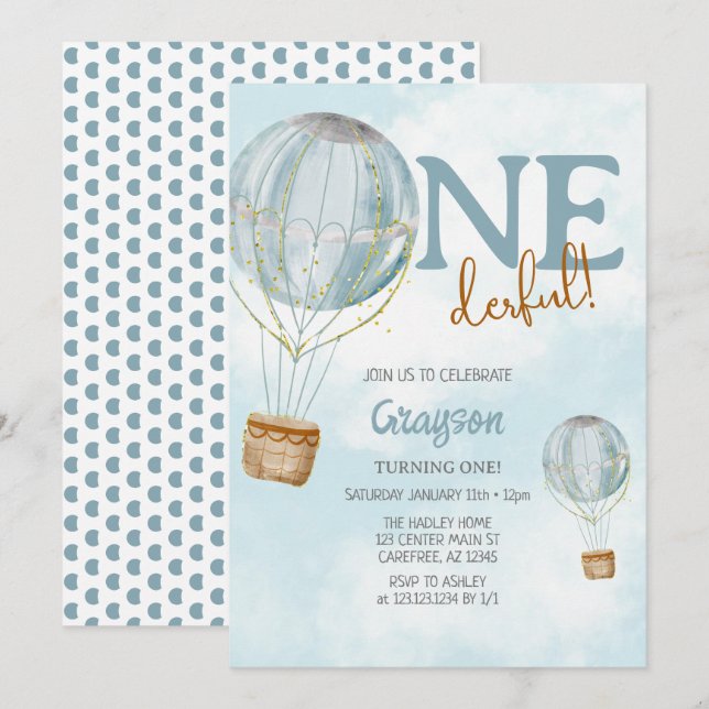 Convite Baloão de Ar Azul Aniversário de 1 ano (Frente/Verso)