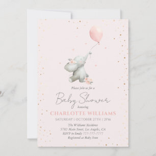 Convite Baloão de Elefante Fofo Rosa Dourado Chá de Bebê M