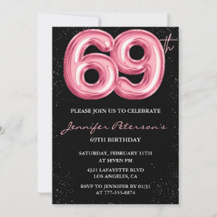 Convite Baloão Preto Rosa Glam Glitter 69º aniversário