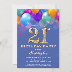 Convite Balões aniversário de 21 anos azuis e Dourados C