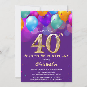 Convite Balões aniversário de 40 anos púrpura e Dourados s