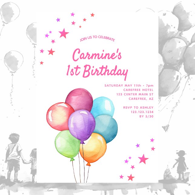 Convite Balões Aquarela Arco-íris 1º Aniversário (Criador carregado)