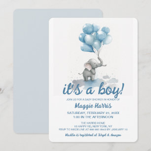 Convite Balões Azuis de Elefante Fofo É um Menino Chá de B