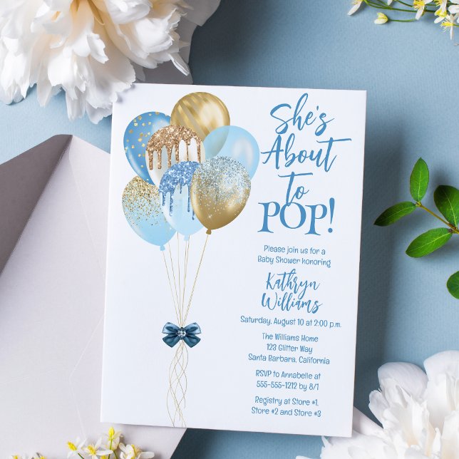 Convite Balões Azuis Ela está prestes a Pop Chá de fraldas ("She's Ready to POP!" Blue and Gold Translucent Glitter Balloons Boy Baby Shower Invitation)