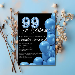 Convite Balões Azuis Elegantes Espanhóis Preto Aniversário