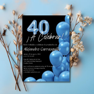 Convite Balões Azuis Espanhóis em Preto Aniversário de 40