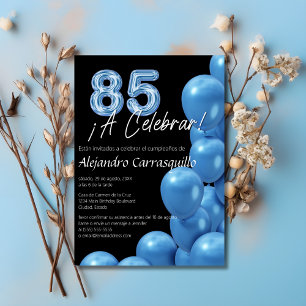 Convite Balões Azuis Espanhóis Pretos Elegantes 85º Aniver