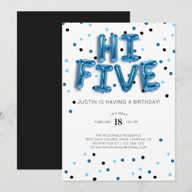 Convite Balões Azuis | Hi Five 5º Aniversário (Frente/Verso)