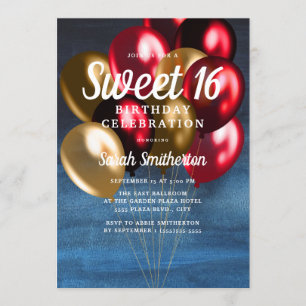 Convite Baloes Azuis Navy Vermelho Dourado Sweet 16